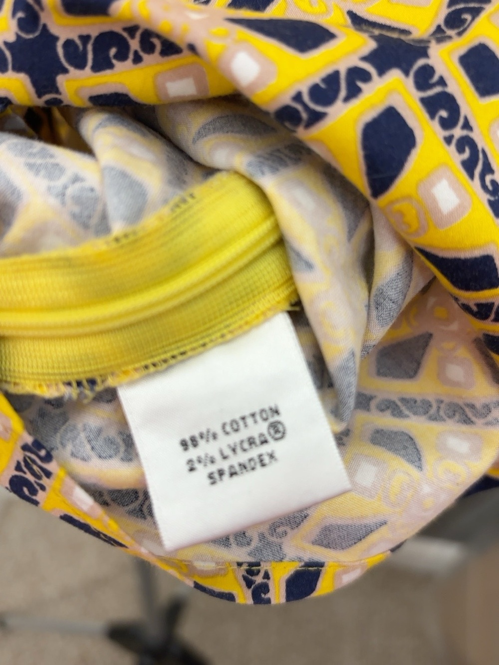Talbots Petites M Yellow Navy Geometric Wrap Stretch Blouse - Picture 3 of 5